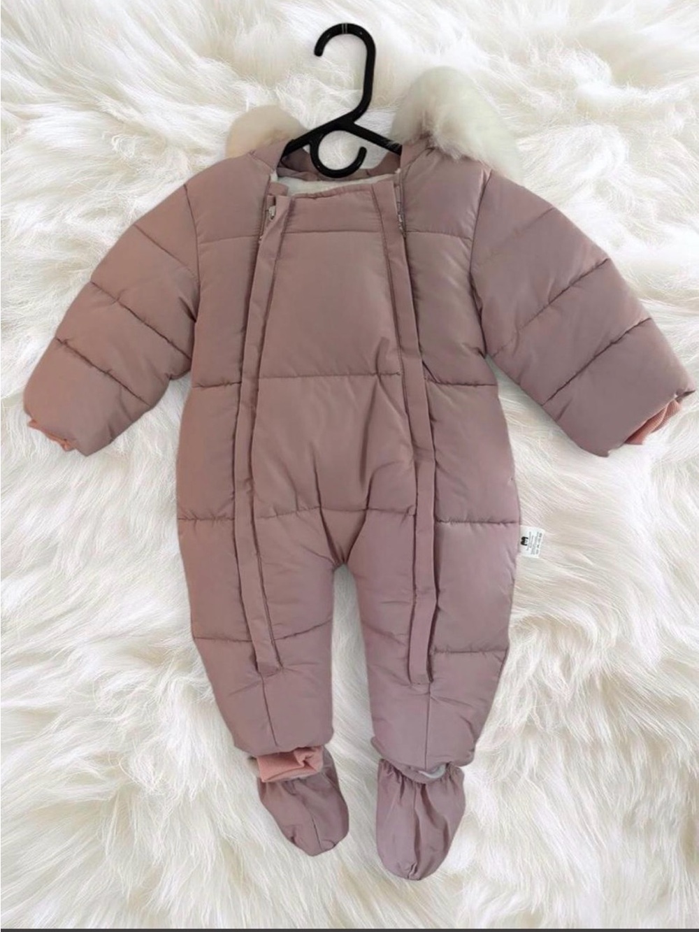 MurmurBear Pink Puffer Baby One-Piece Snowsuit with Faux Fur Hood